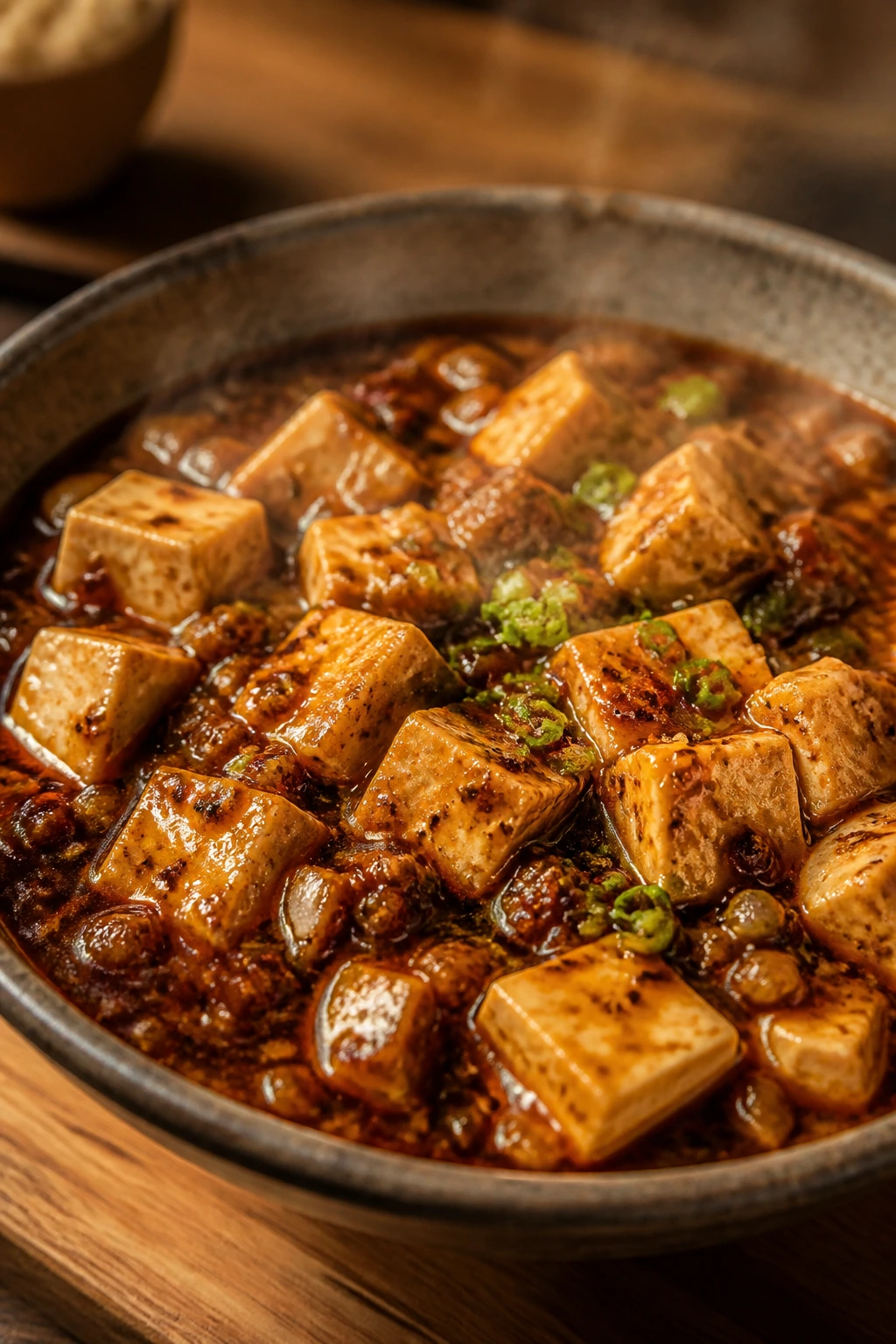 Close-up Mapo Tofu Lite with glossy sauce and tofu cubes in rustic bowl