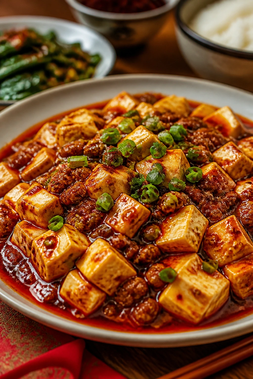 Mapo tofu on plate with red oil