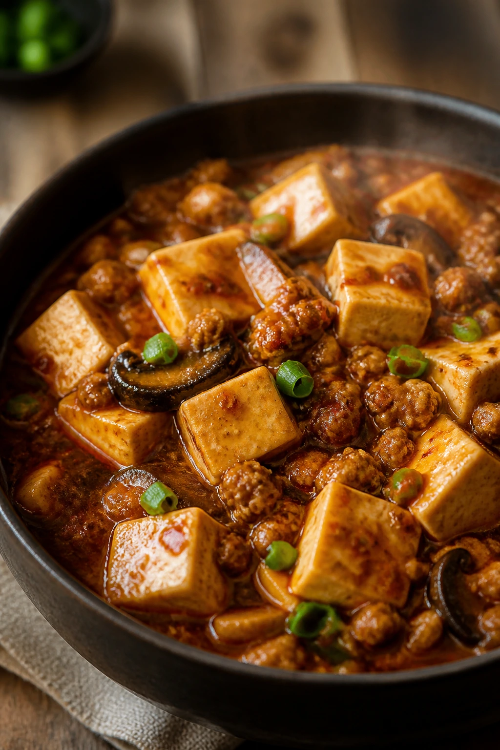 Close-up mapo tofu in a savory sauce