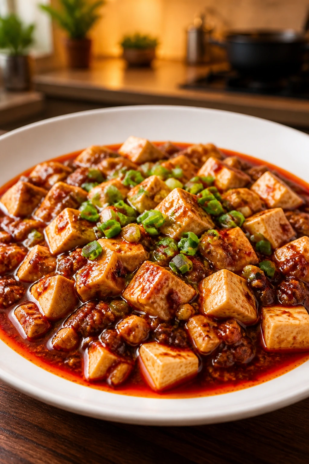 Plated Mapo tofu in white bowl with red oil and scallions
