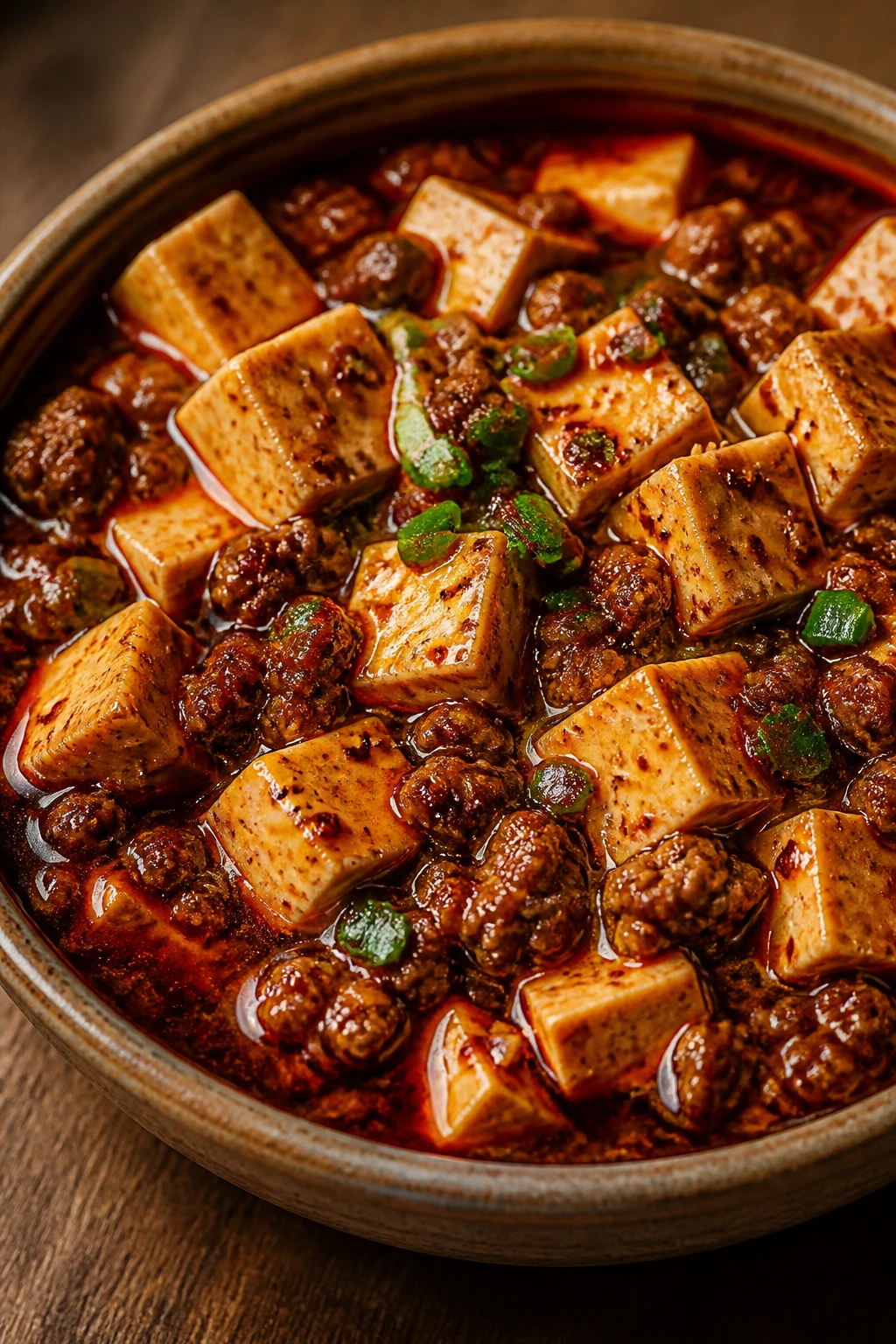Close-up of Mapo tofu with ground pork in a rustic bowl