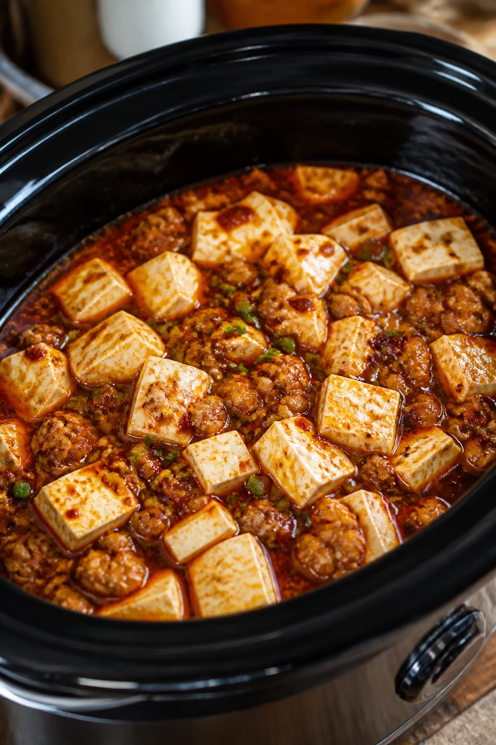 Close-up of Mapo Tofu with Pork in a slow cooker