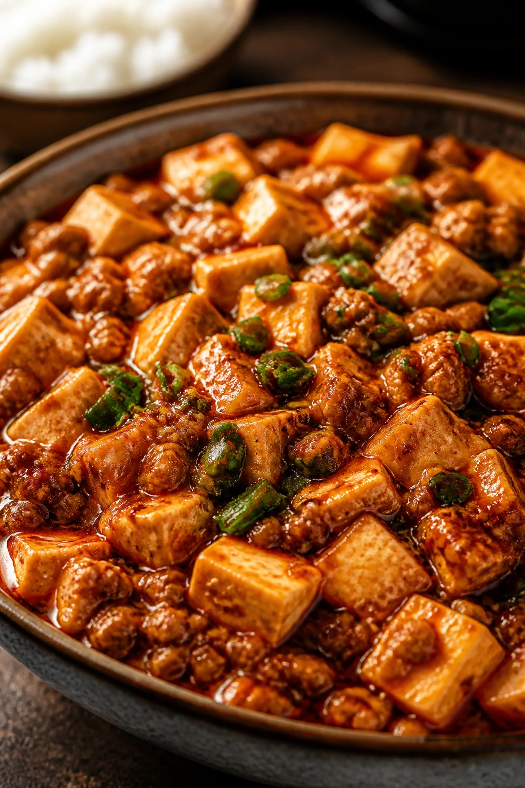 Glossy mapo tofu with ground pork in a deep bowl