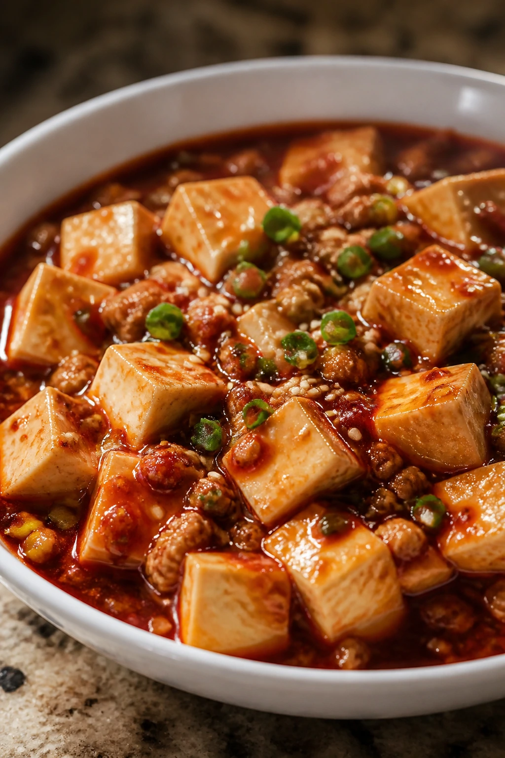 Close-up of Mapo Tofu in red spicy sauce with tofu cubes and pork