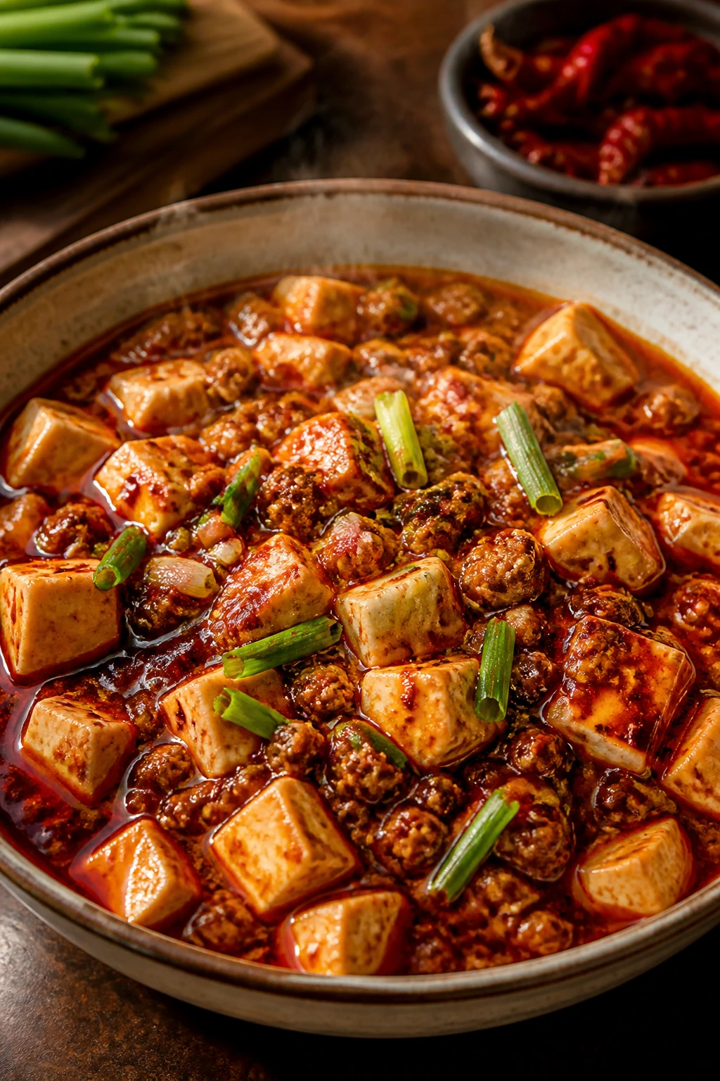 Mapo tofu with pork in a rustic bowl