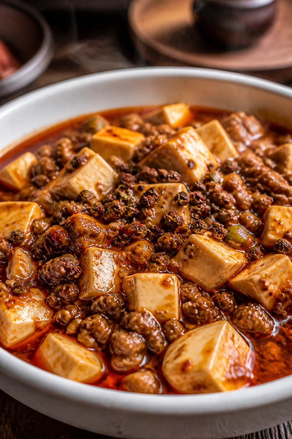 Close-up of Mapo Tofu with ground pork and Sichuan pepper in a white bowl