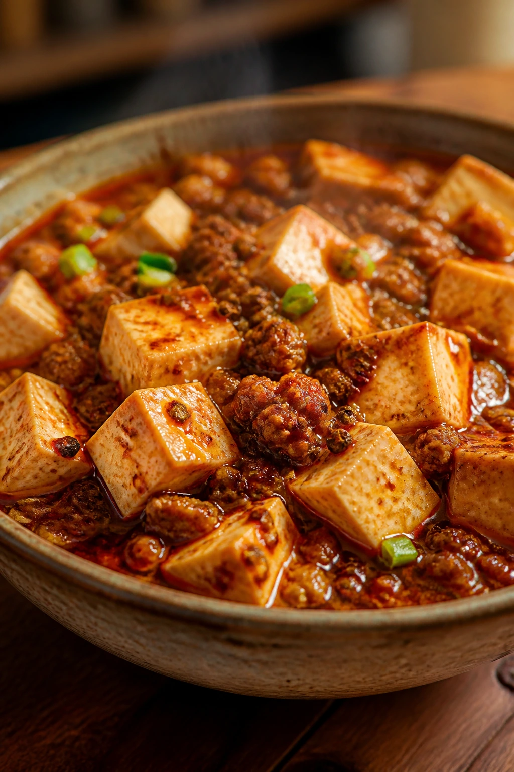Mapo tofu with pork and Sichuan pepper in red sauce in a ceramic bowl
