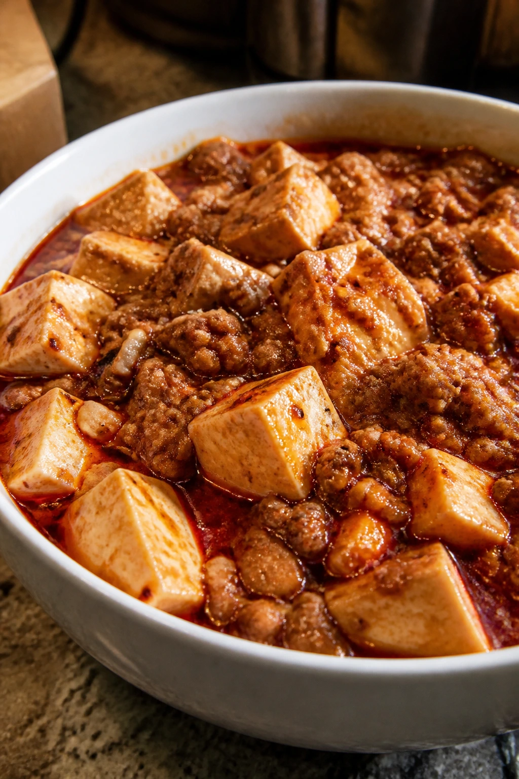 Close-up of Mapo Tofu with Pork in spicy sauce in a small bowl