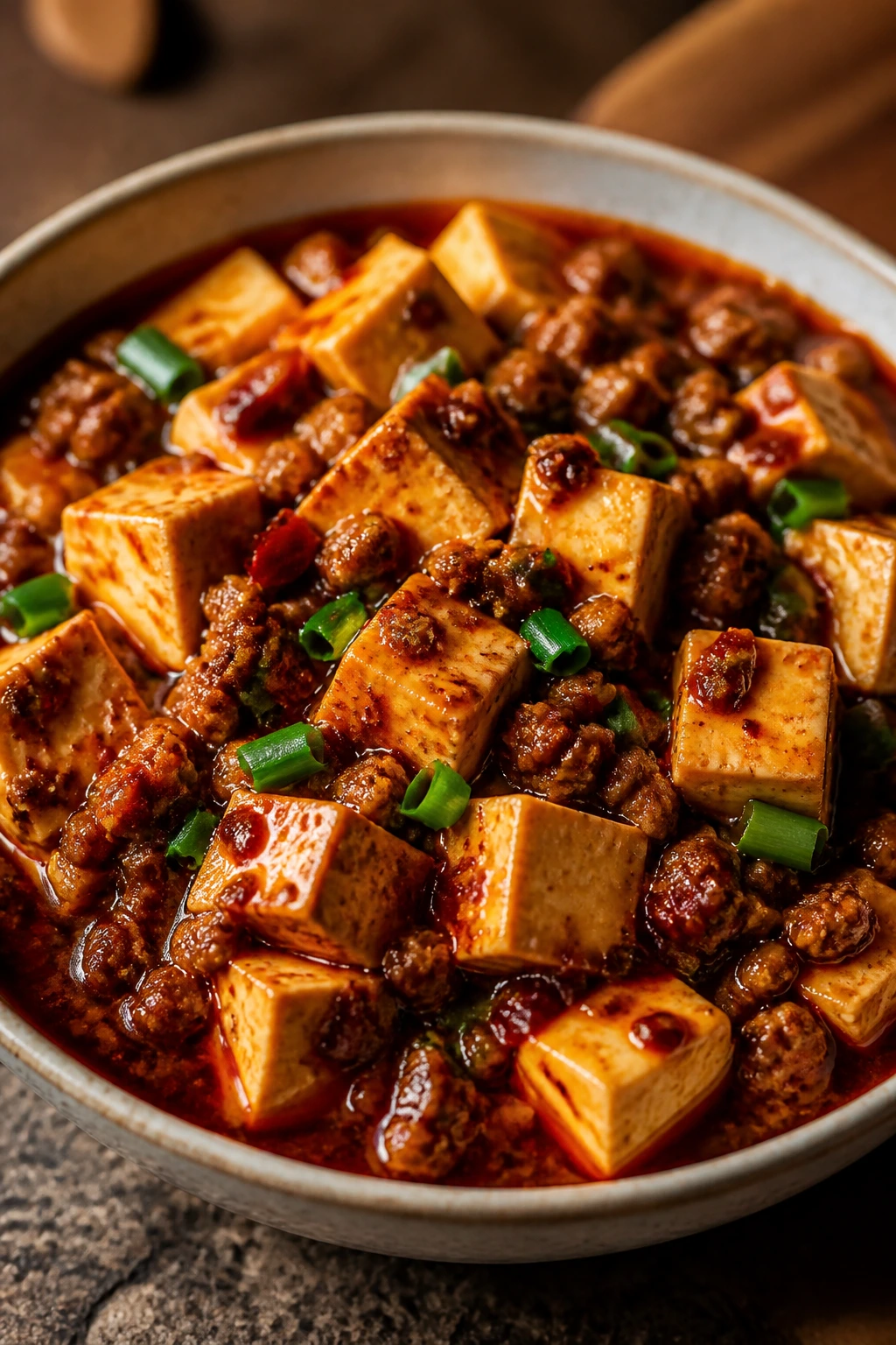 Mapo tofu with ground pork in red mapo sauce