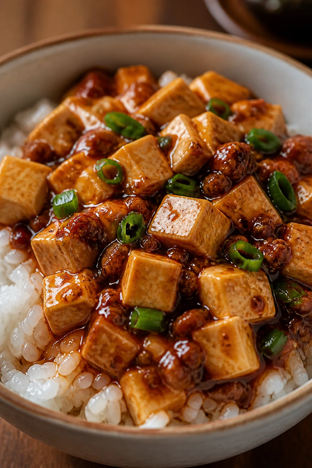 Mapo tofu rice bowl with tofu and spicy red sauce