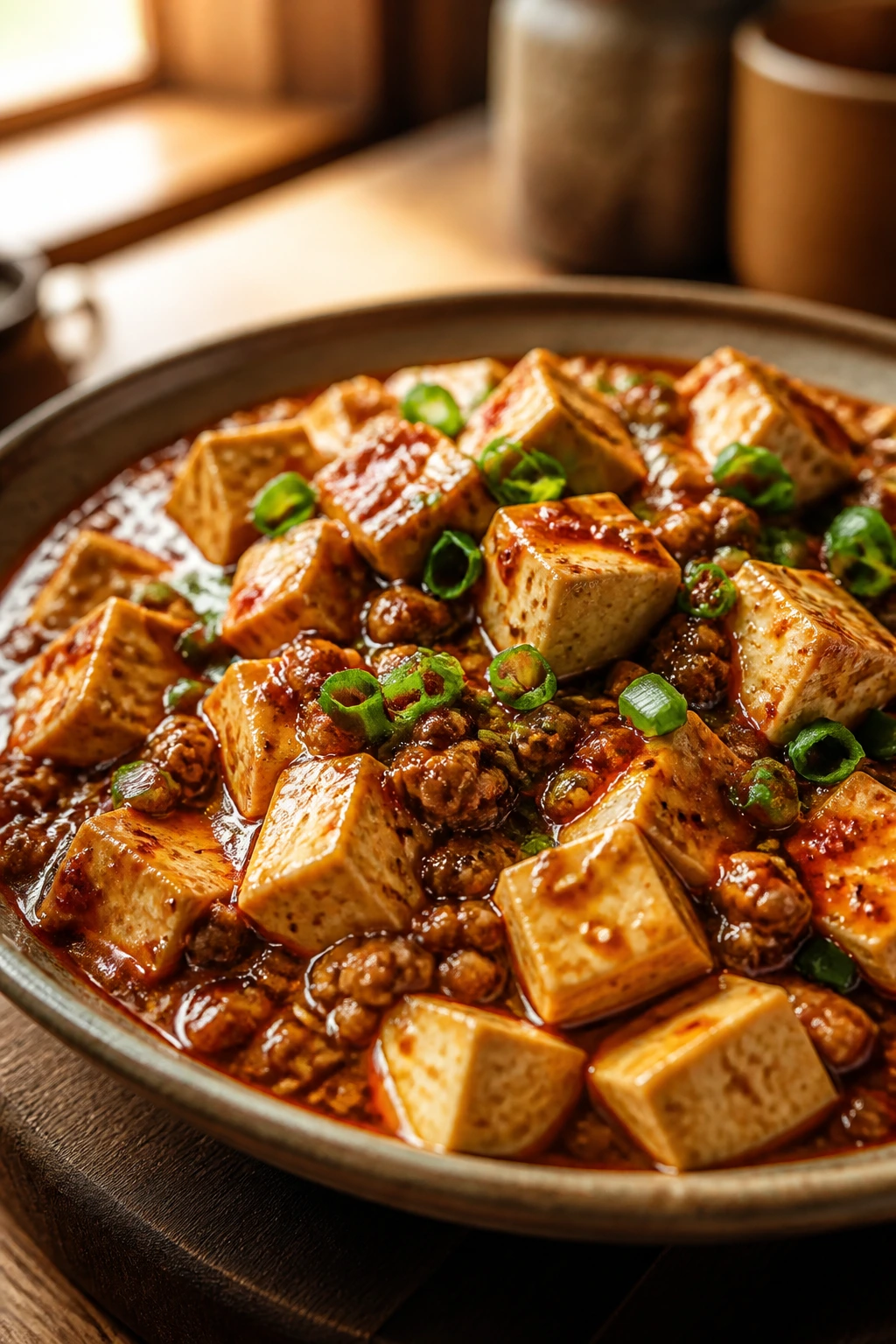 Close-up of Mapo tofu in a rustic bowl with chili oil