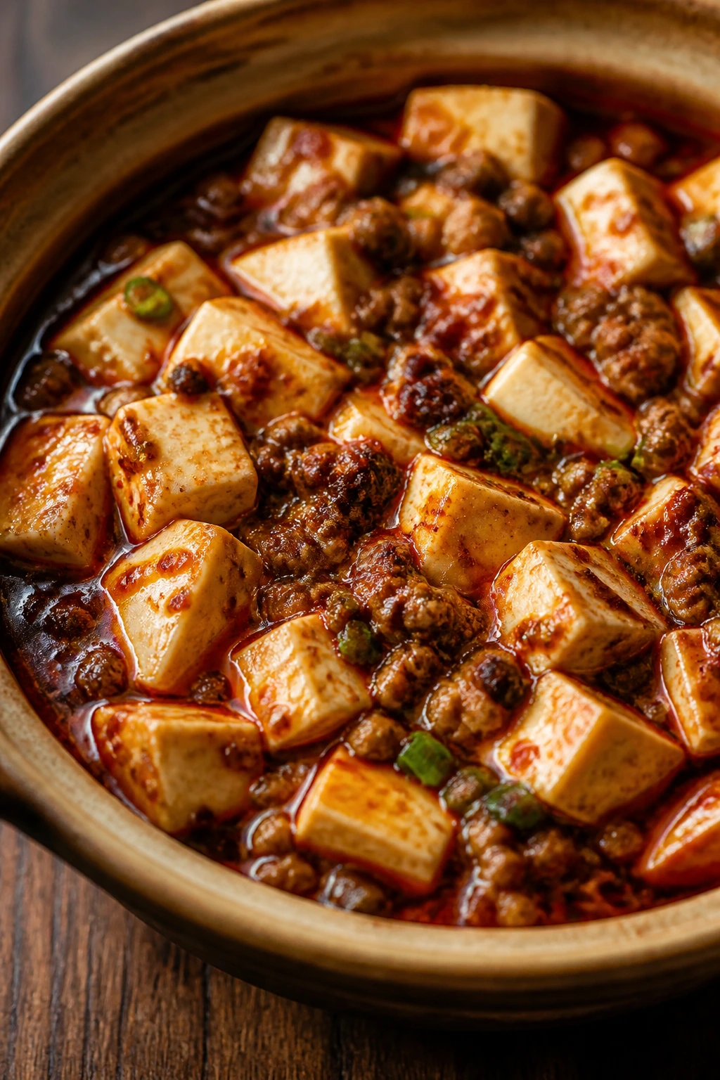 Tofu in red spicy sauce with ground pork in a clay bowl on a wooden table