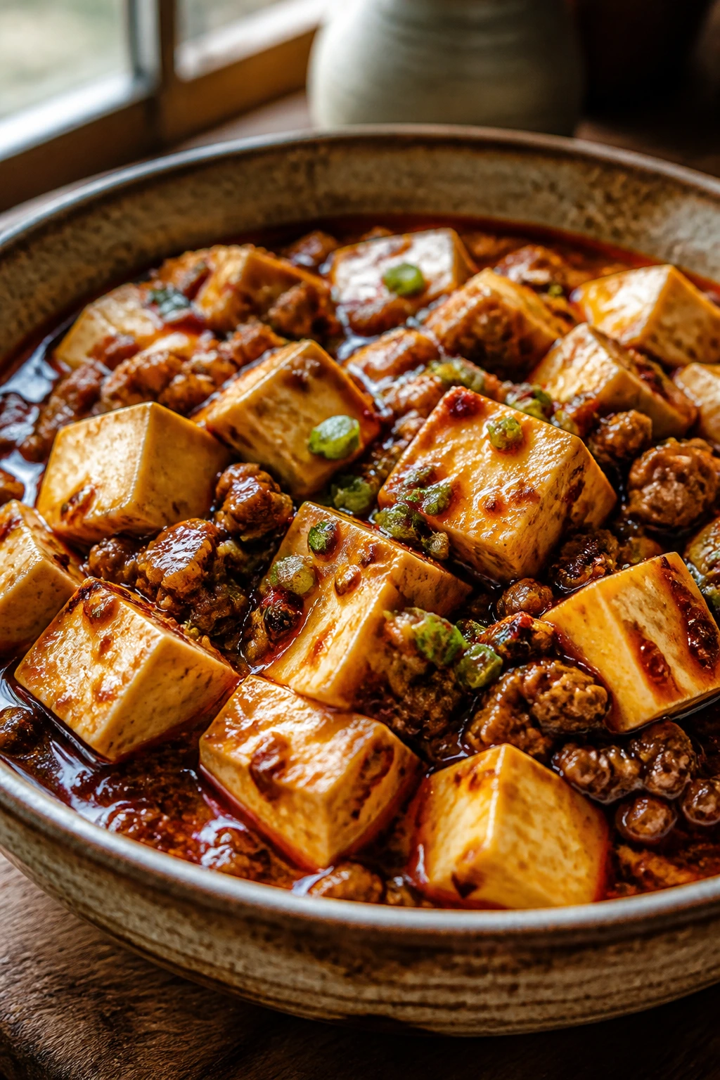 Close-up of Mapo Tofu in a rustic bowl with spicy pork sauce
