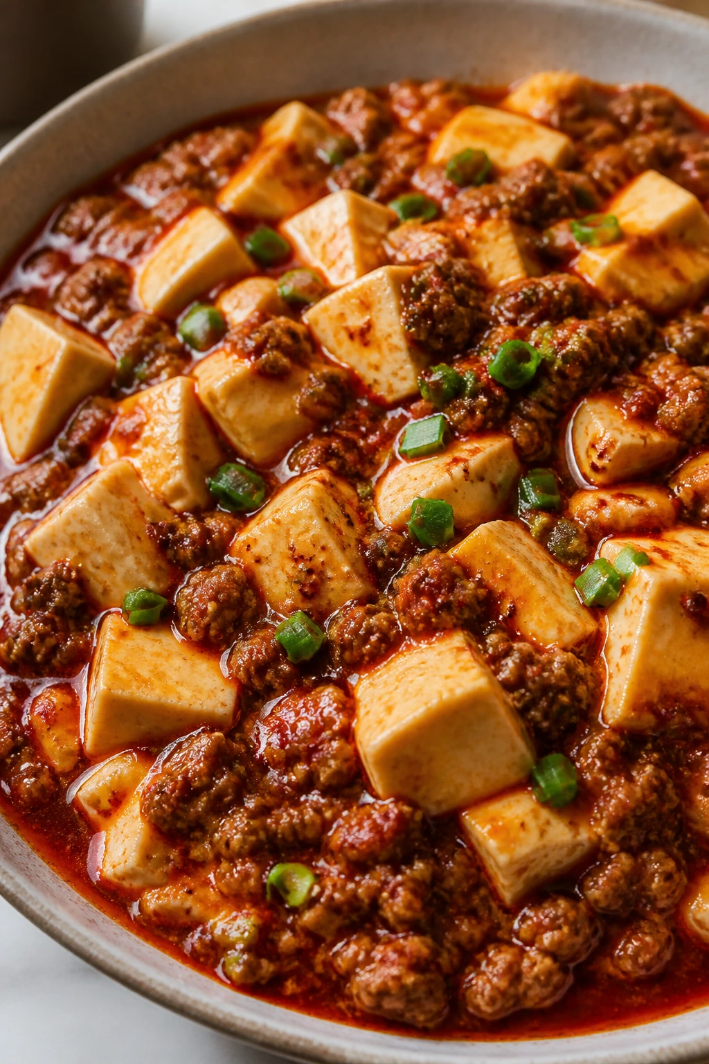 Mapo tofu close-up with red sauce and tofu cubes