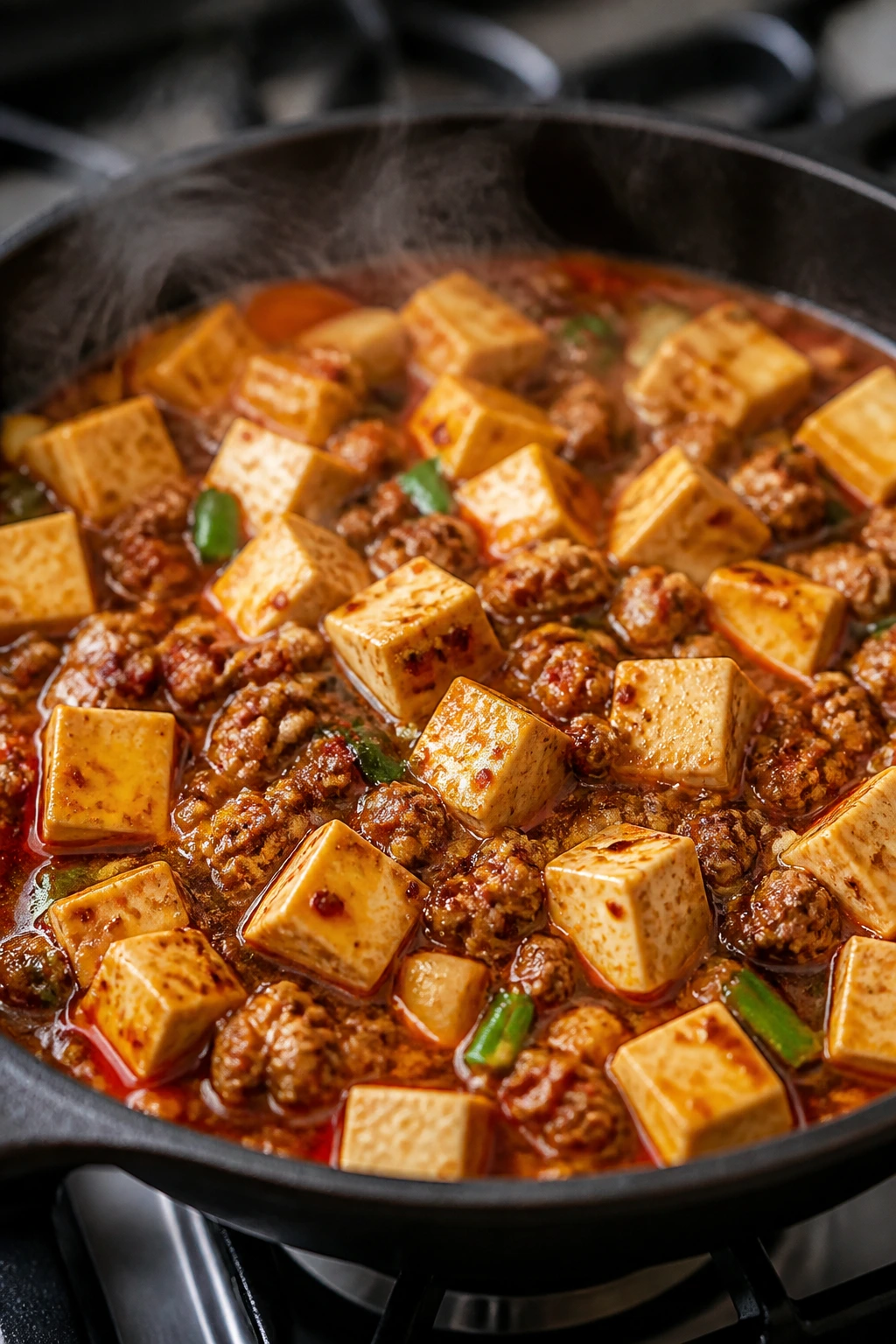 Firm tofu in spicy Mapo sauce with pork
