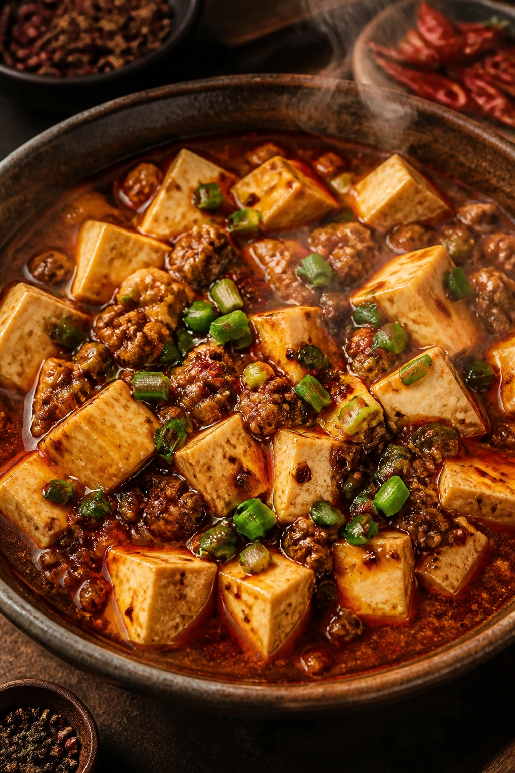 Mapo tofu in red chili sauce with pork and scallions