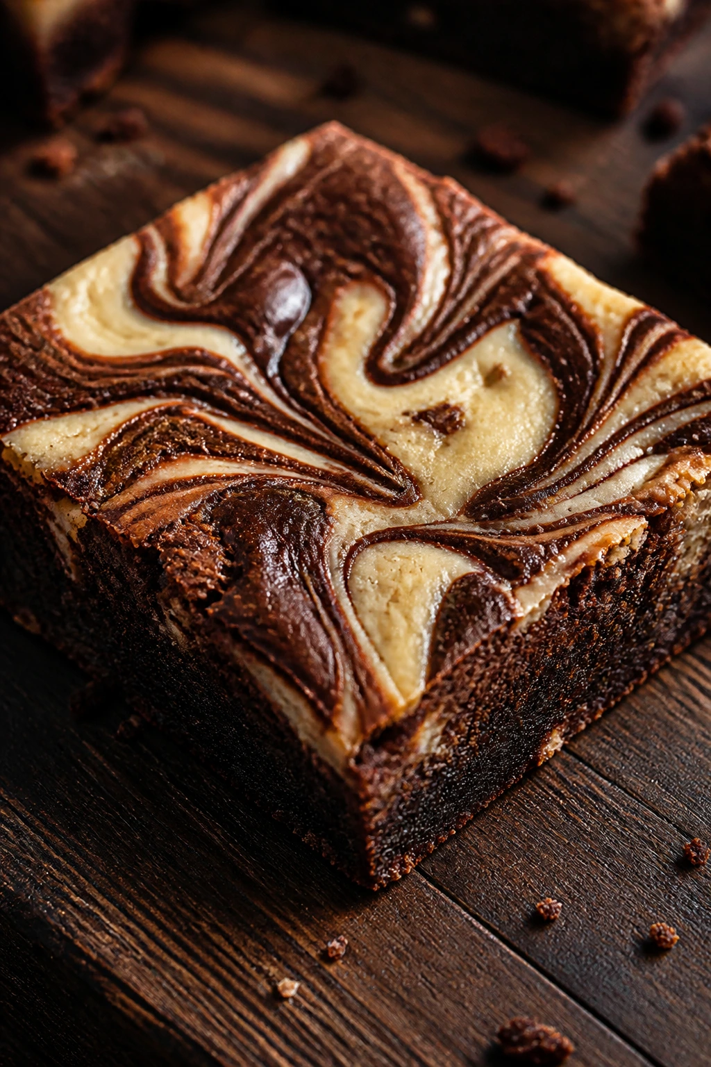 Marble brownie bar with distinct swirl sections on dark wood