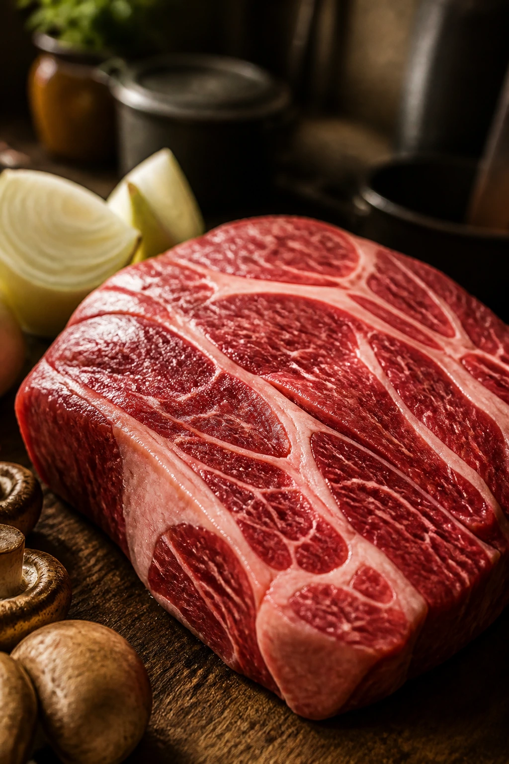 Marbled chuck roast with aromatics highlighting texture and flavor potential