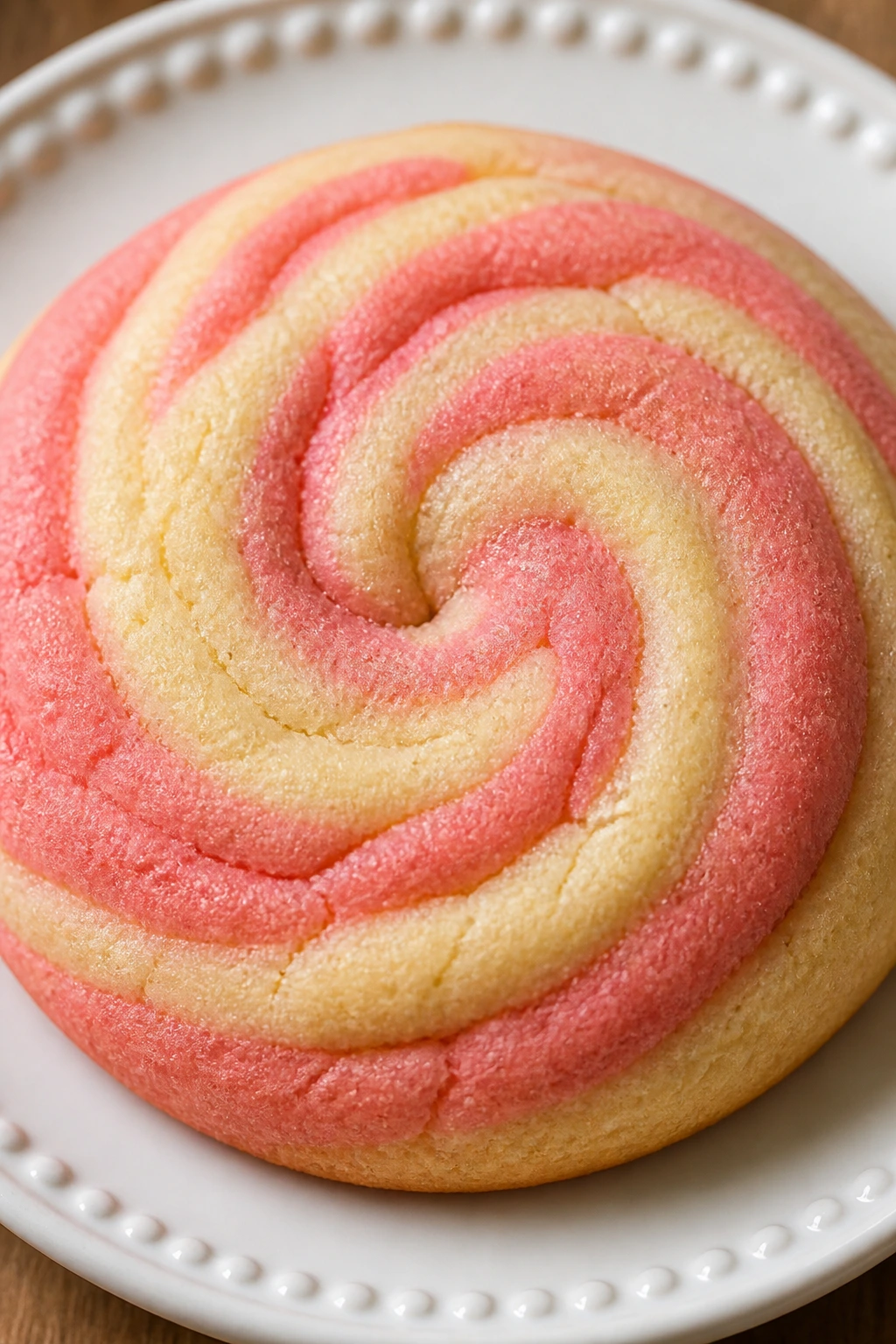Close-up of a pink and cream marbled swirl cookie on a plate