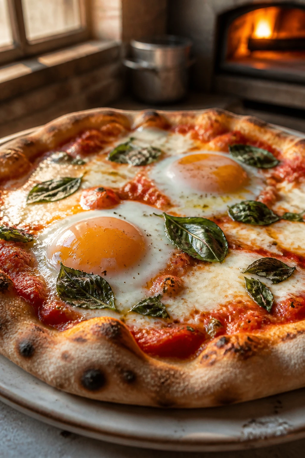 Close-up of Margherita breakfast pizza with eggs, basil, and mozzarella