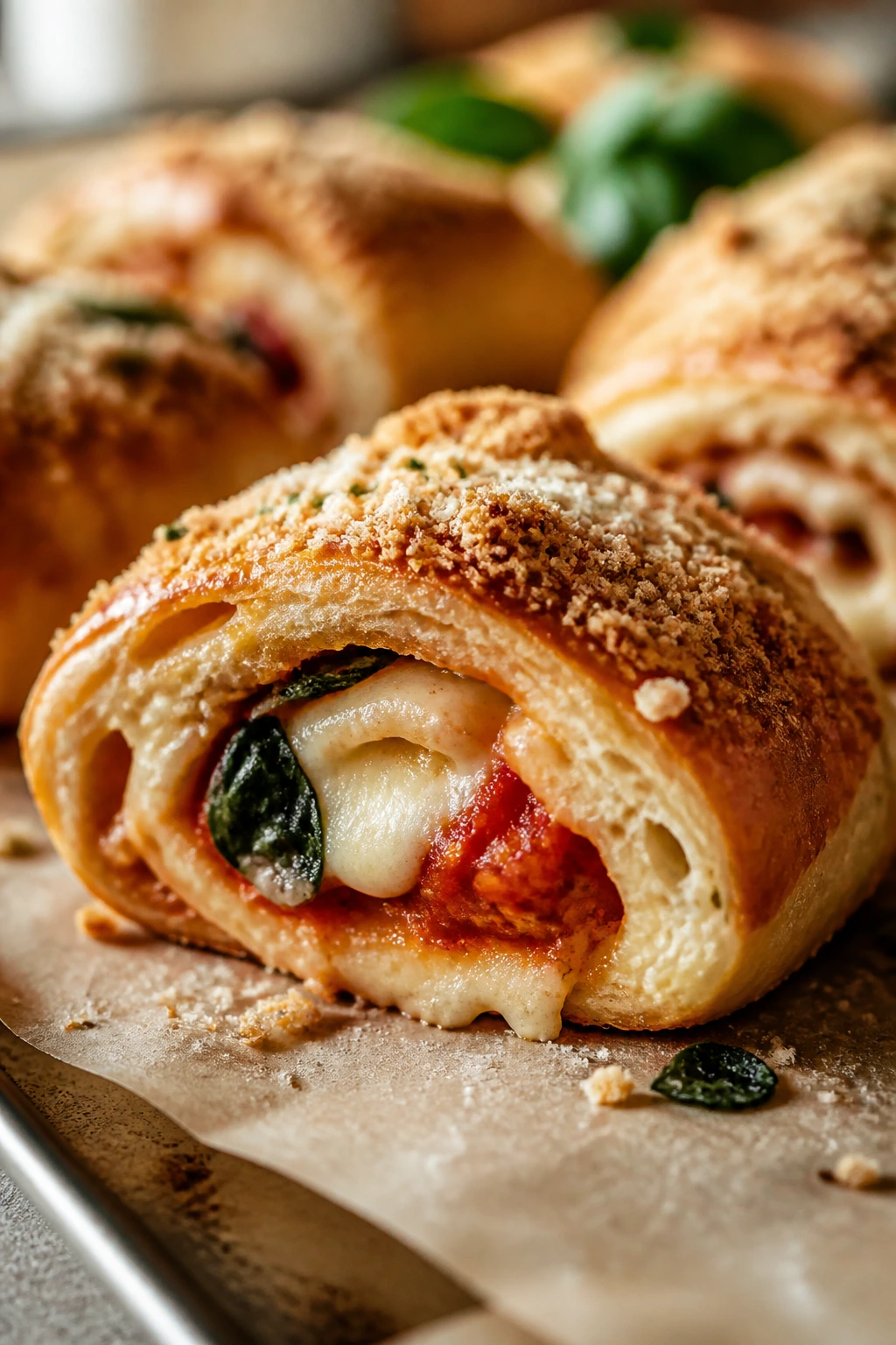Cross-section of Margherita crunch roll with tomato, mozzarella, basil, Parmesan