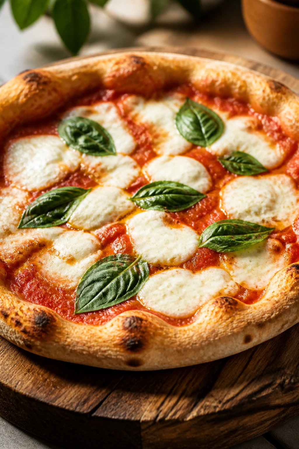 Margherita pizza with basil and fresh mozzarella on a wooden board