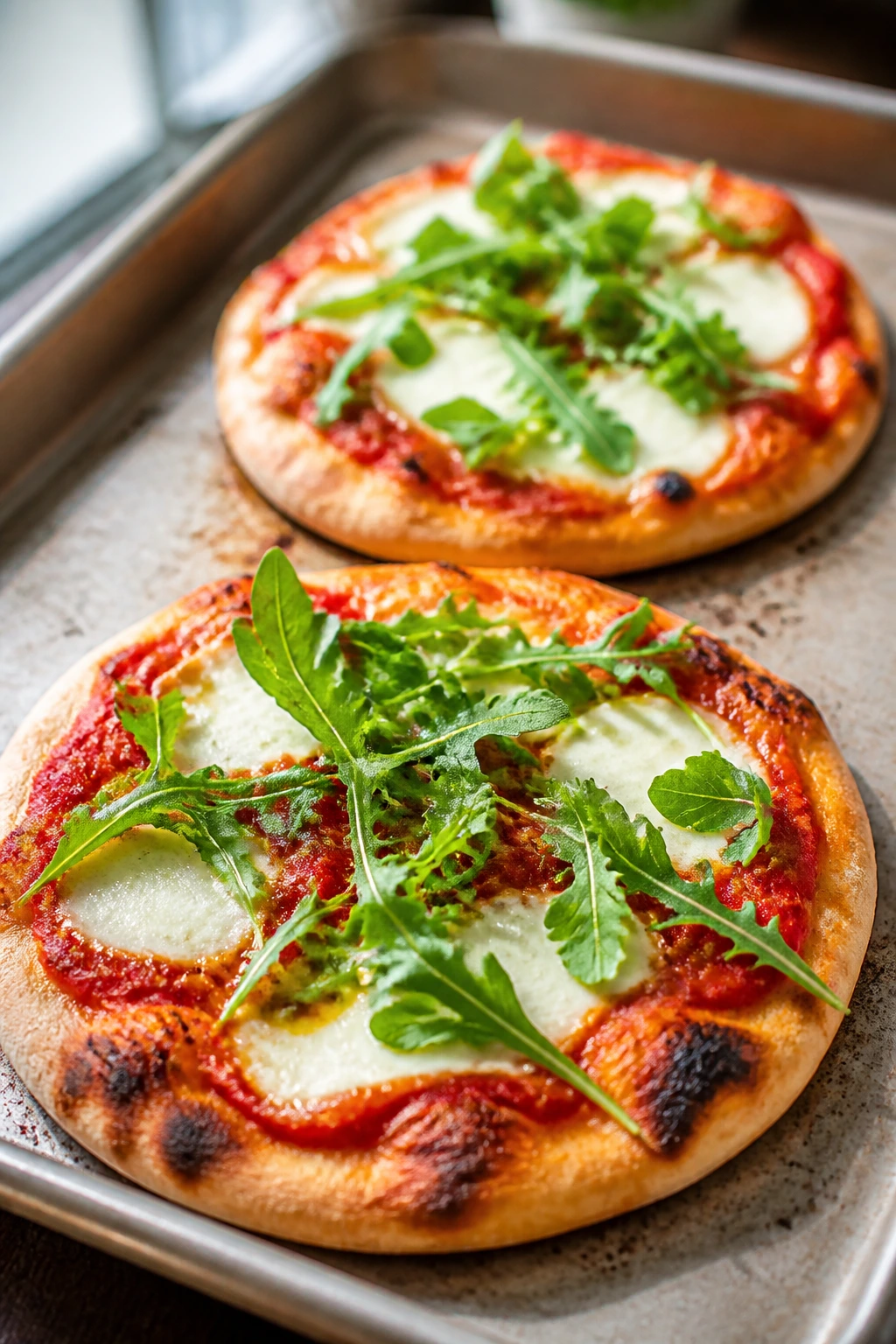 Margherita pizzas with arugula on baking sheet