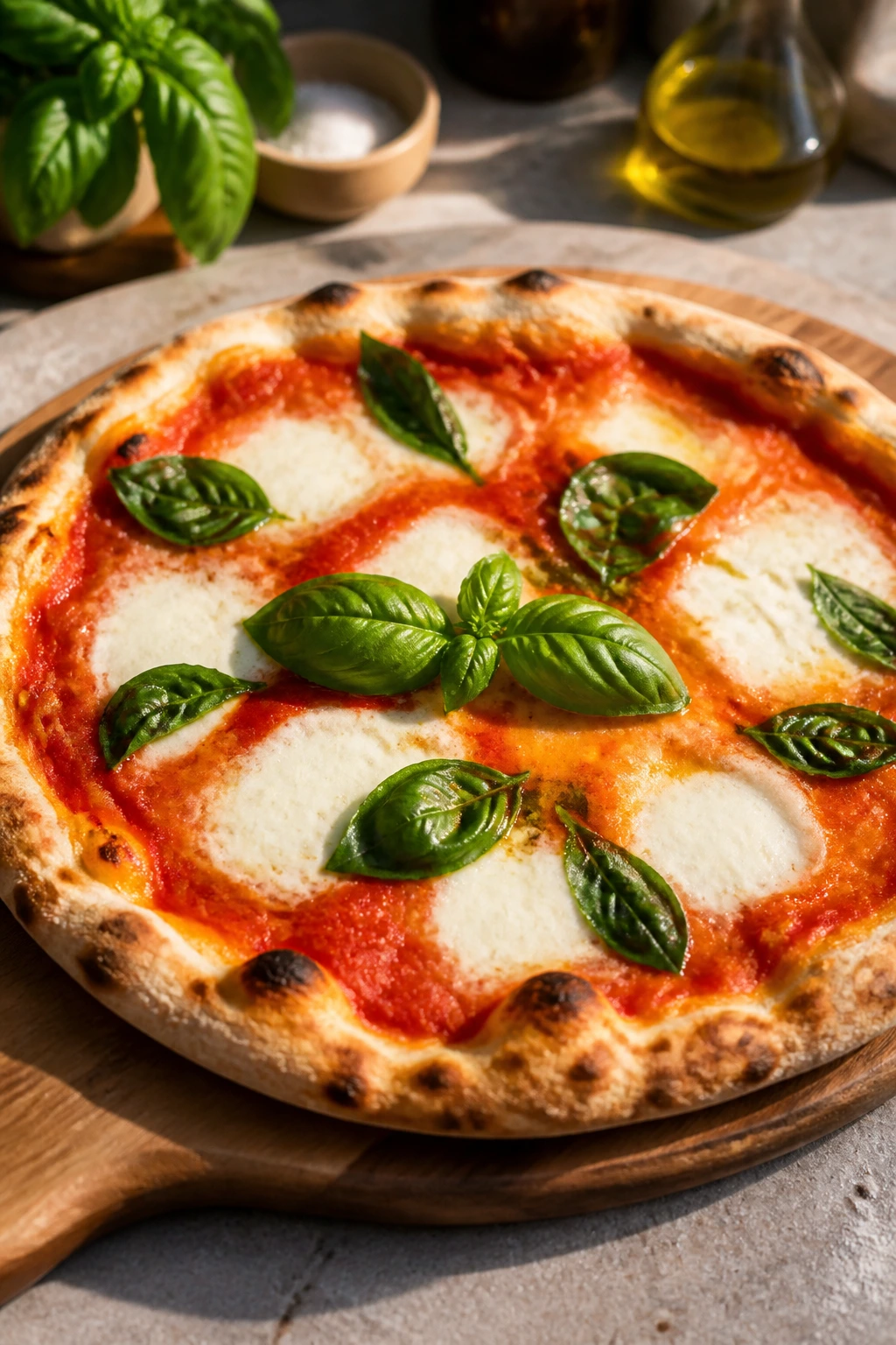 Close-up of Classic Margherita Pizza with basil on a wooden board.