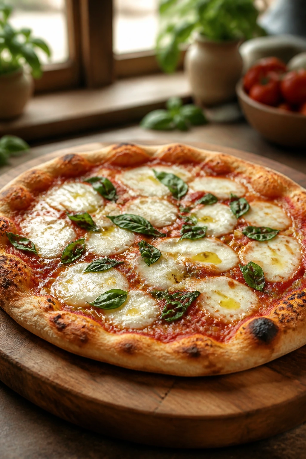 Margherita pizza with torn basil on a wooden board in a warm kitchen