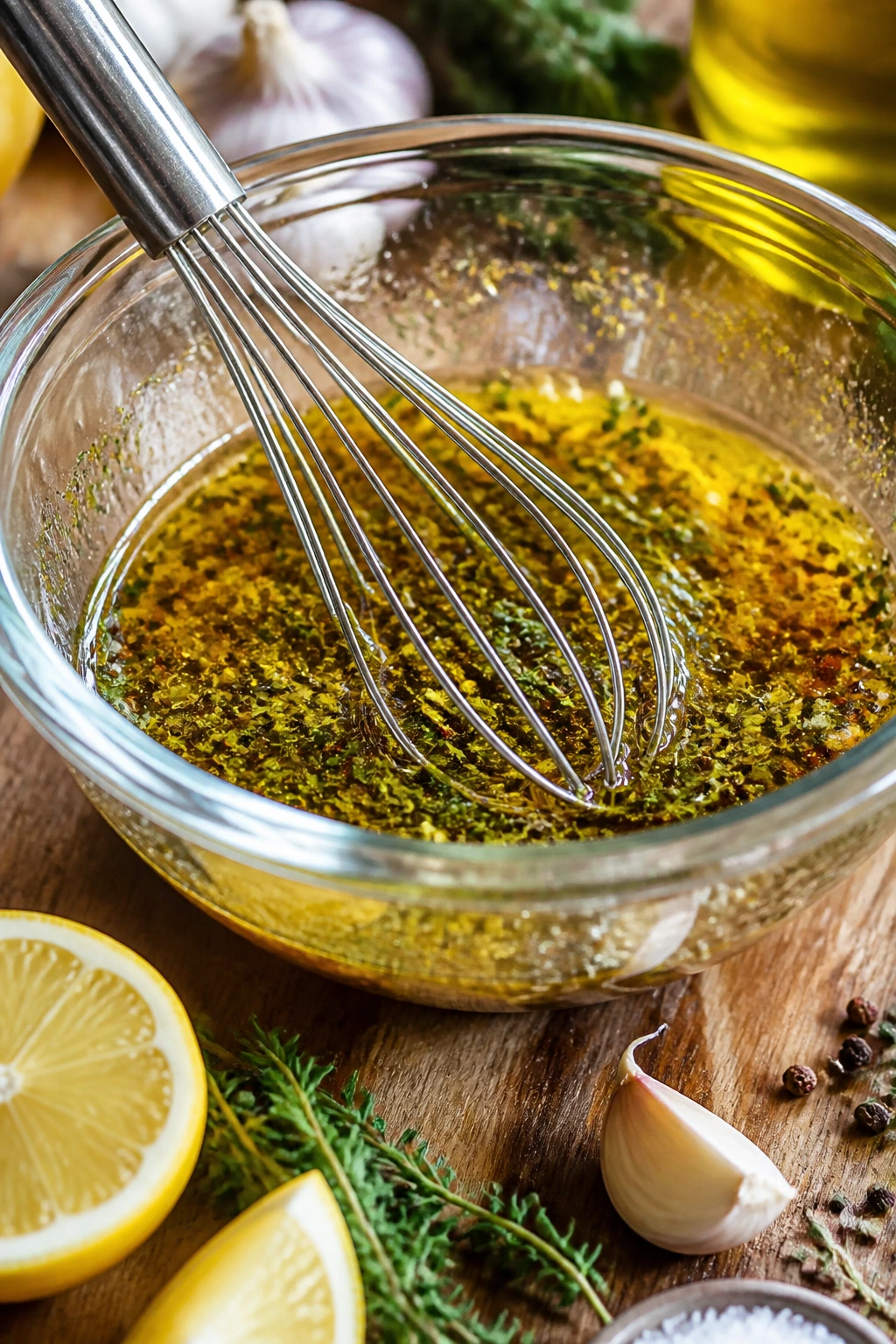 Close-up of a marinade in a glass bowl with oil, citrus, and herbs