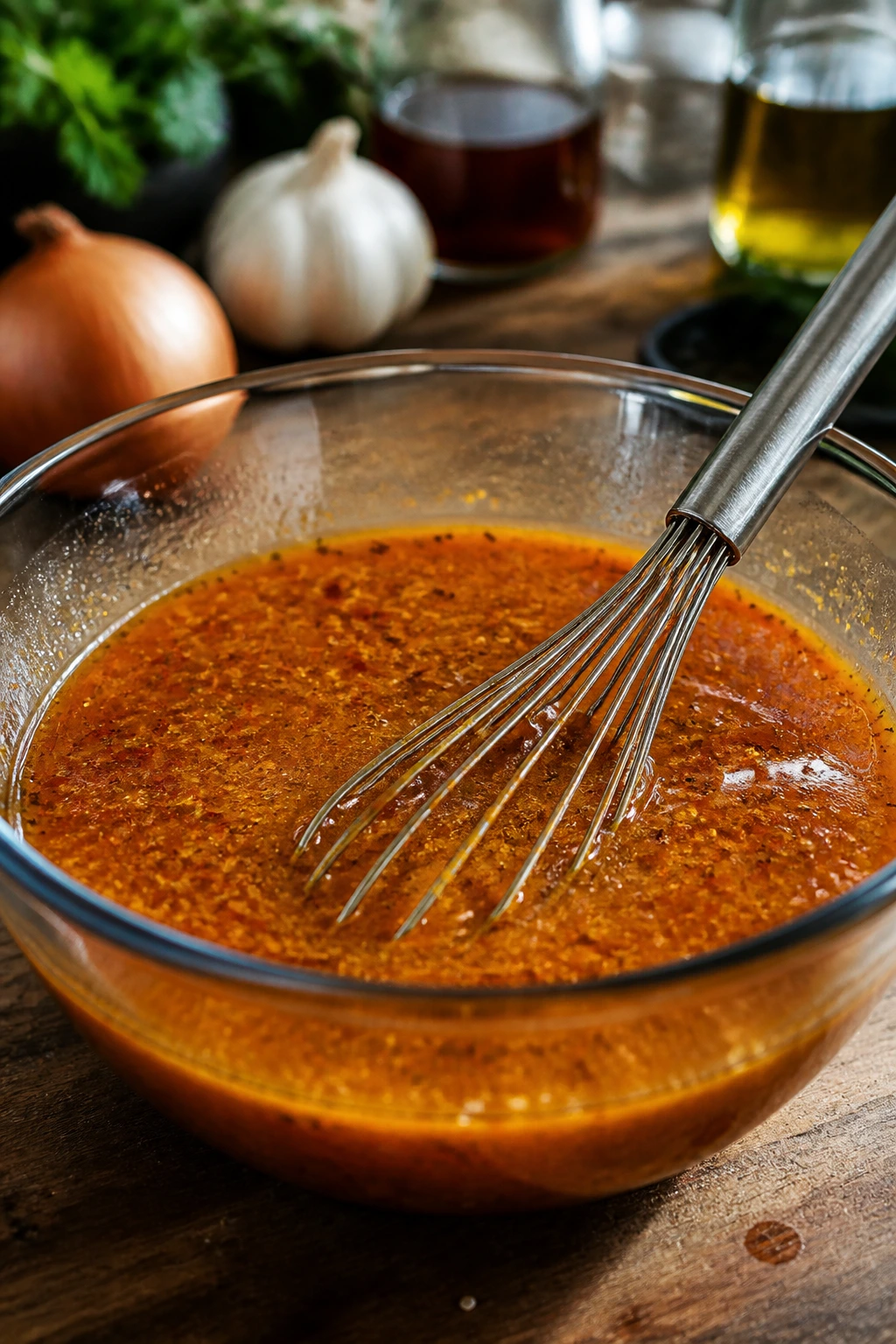 Glossy bowl of whisked marinade on a rustic counter