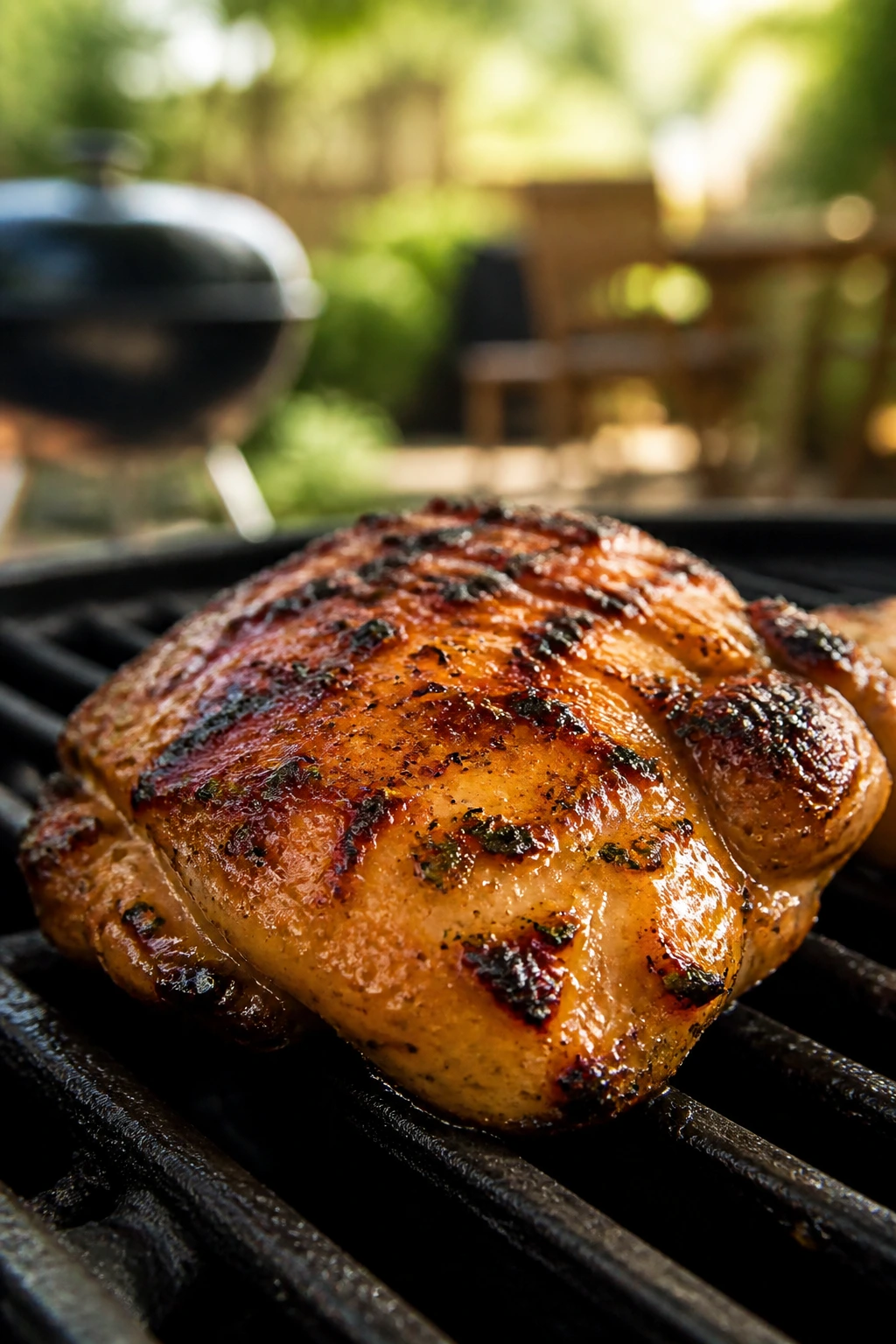 Close-up of a marinated chicken thigh browning on a backyard grill