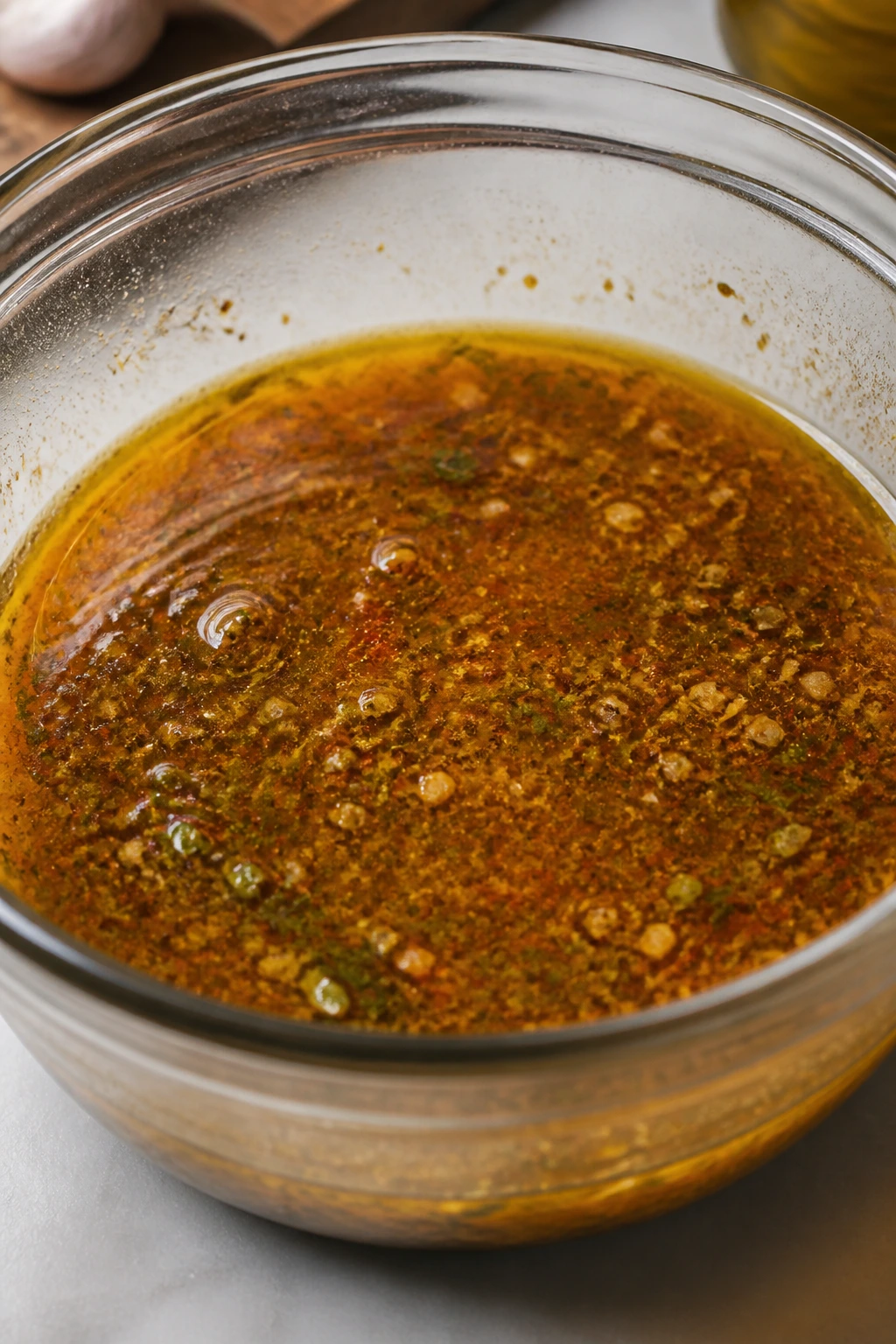 Glossy bowl of marinade with olive oil and spices in a kitchen