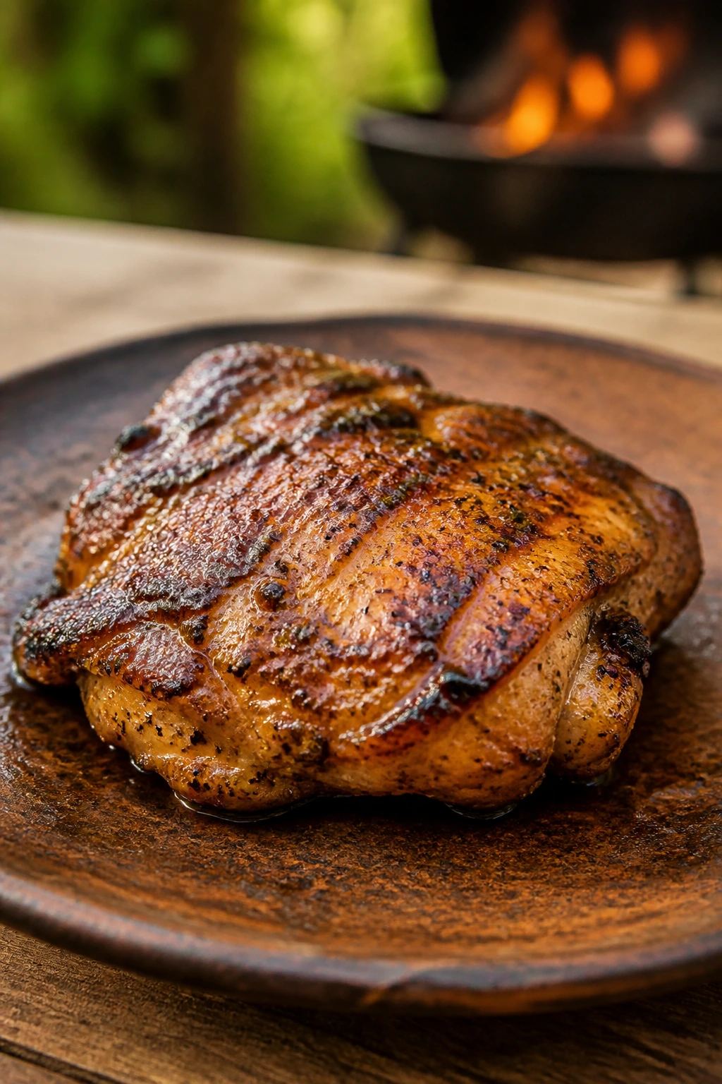 Glossy marinated chicken thigh on rustic plate with backyard background