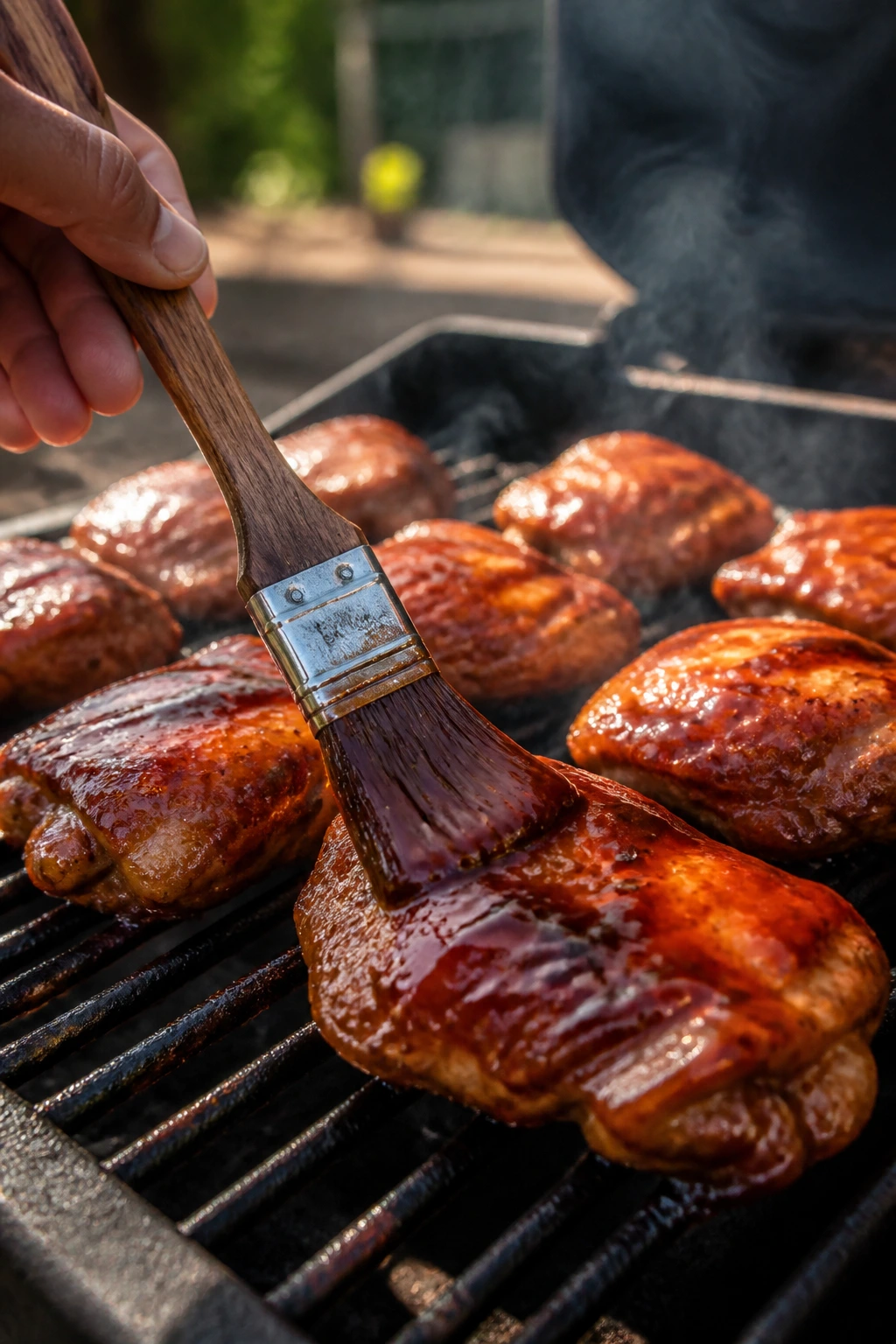 Hand brushing glaze onto grilled chicken with a tangy sauce