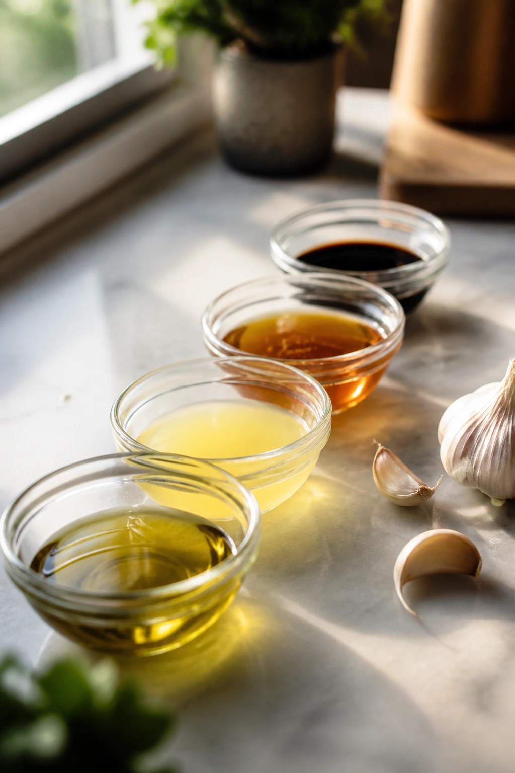 Four marinade components representing fat, acid, sweetness, and seasoning on a kitchen counter