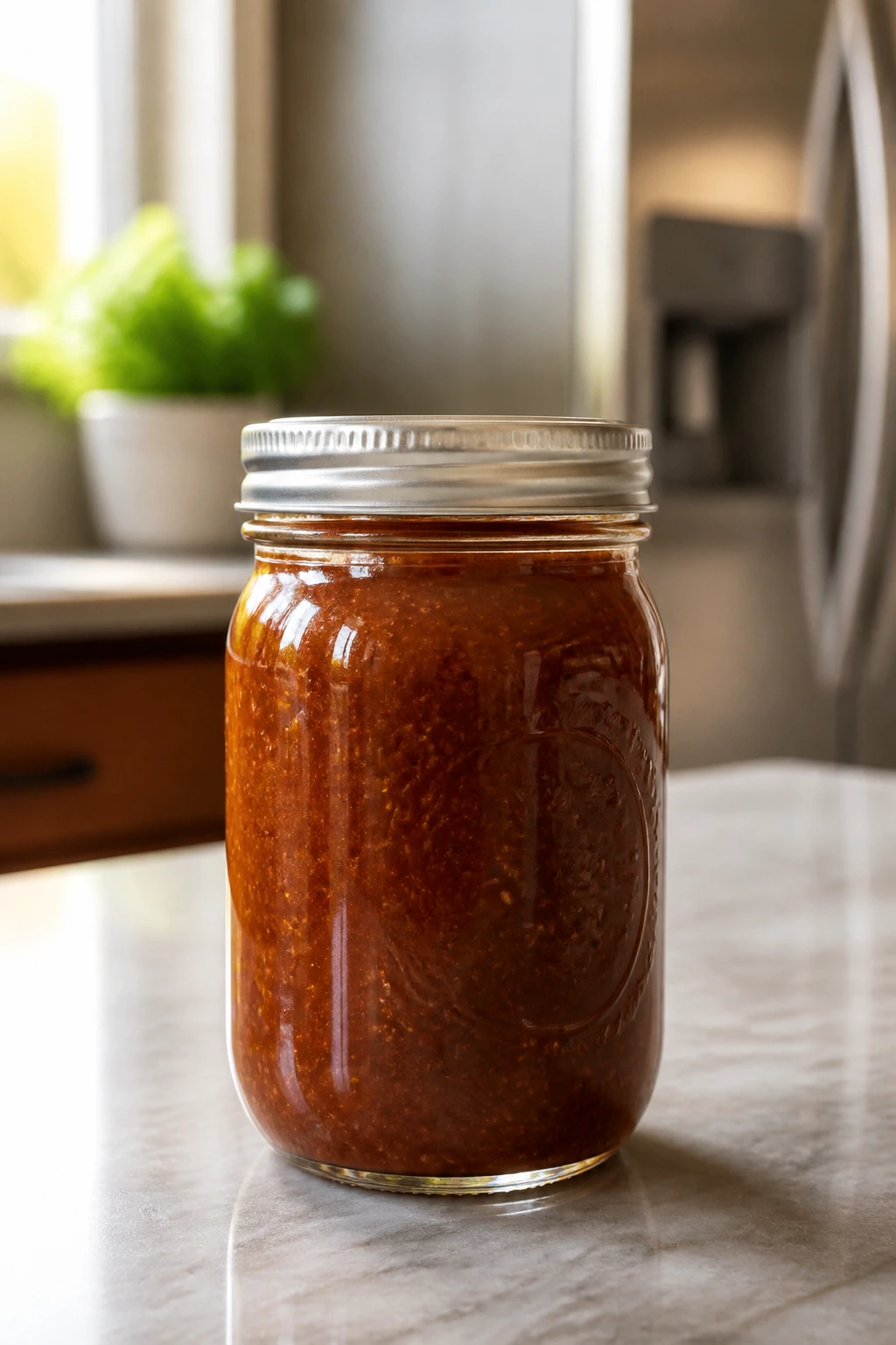 Glass jar of marinade on a kitchen counter with soft focus background