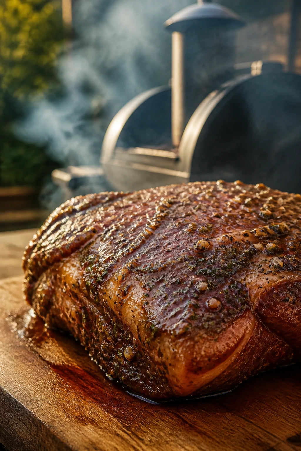 Close-up of a tacky, well-seasoned marinated meat ready for smoking