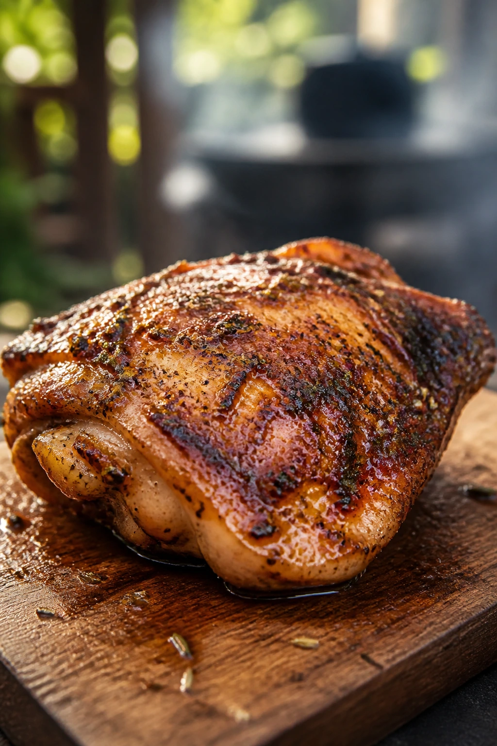 Close-up of a marinated chicken thigh on a cutting board with smoky backyard backdrop