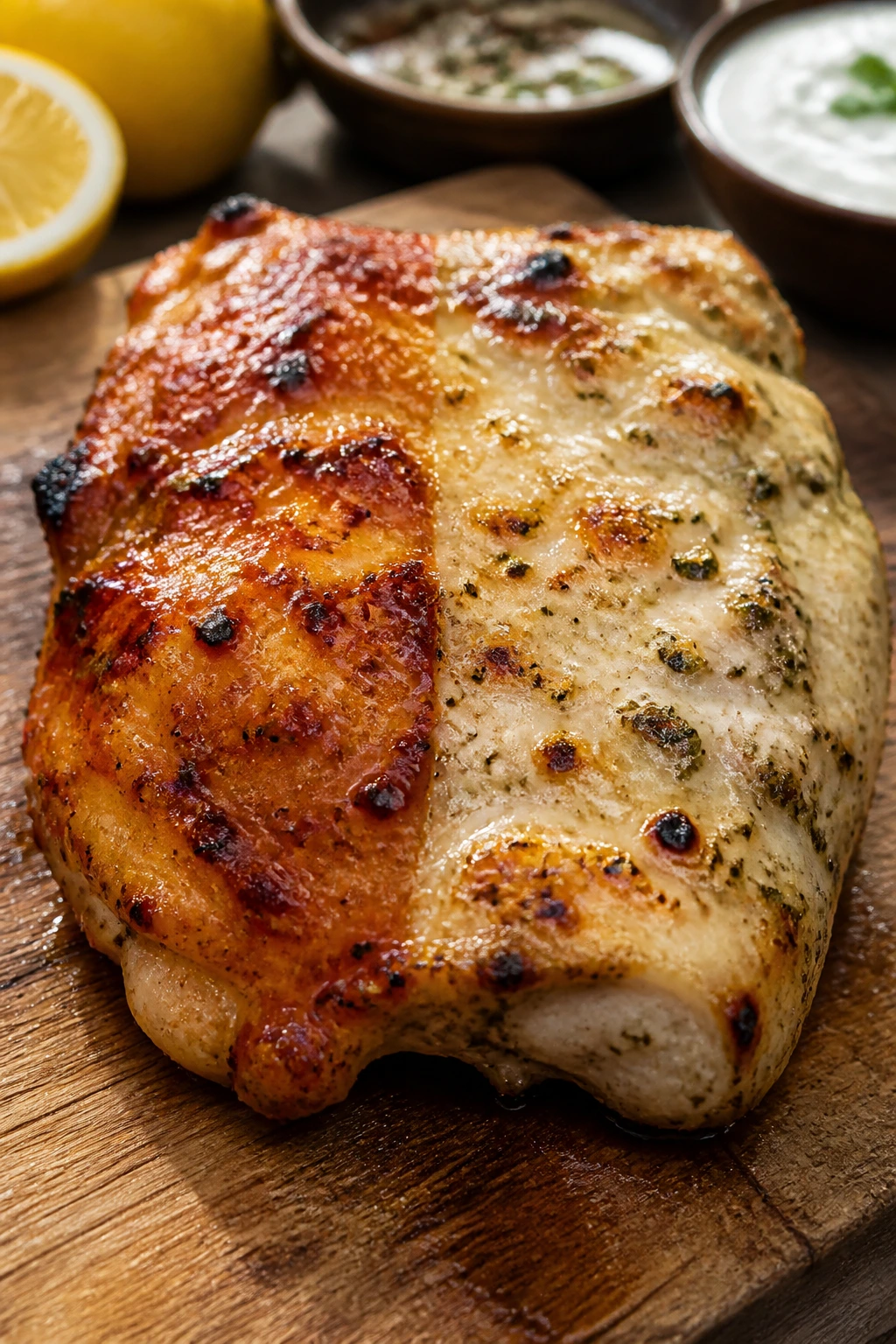 Chicken thigh with two glaze finishes showing marinade variations outdoors.
