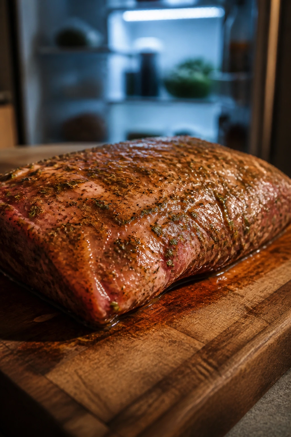 Marinated meat with dry surface ready for smoking on a kitchen board