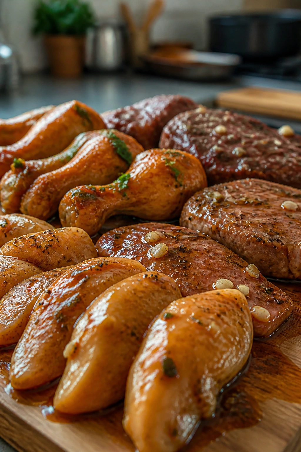 Assorted marinated meats on a cutting board in a kitchen