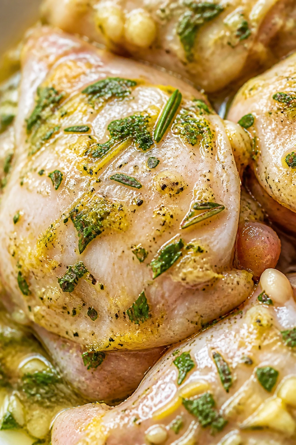 Close-up of a citrus-herb marinated chicken thigh with visible herbs