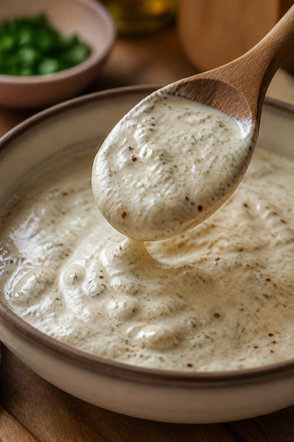 Creamy yogurt marinade in a bowl with texture and spoon