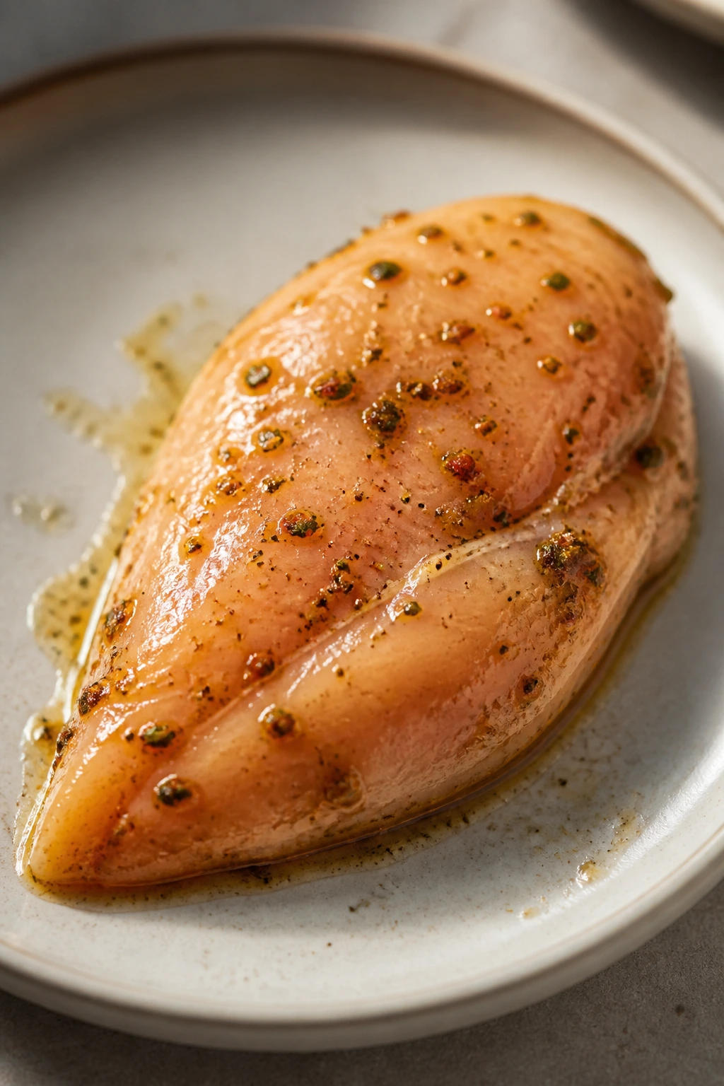 Chicken with a light glossy marinade coating on plate