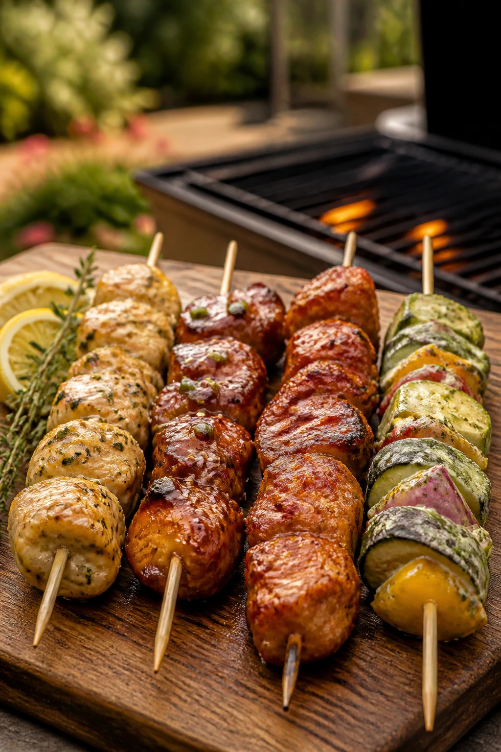 Close-up of marinated chicken, pork, seafood, and vegetables on skewers on a grill board in a backyard.