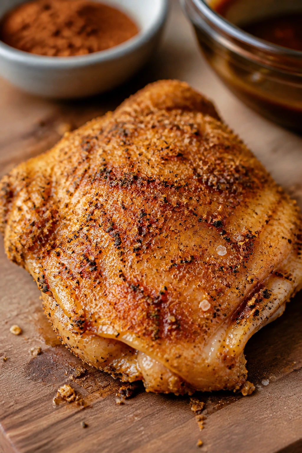 Seasoned chicken thigh with dry rub ready for marinade the day before