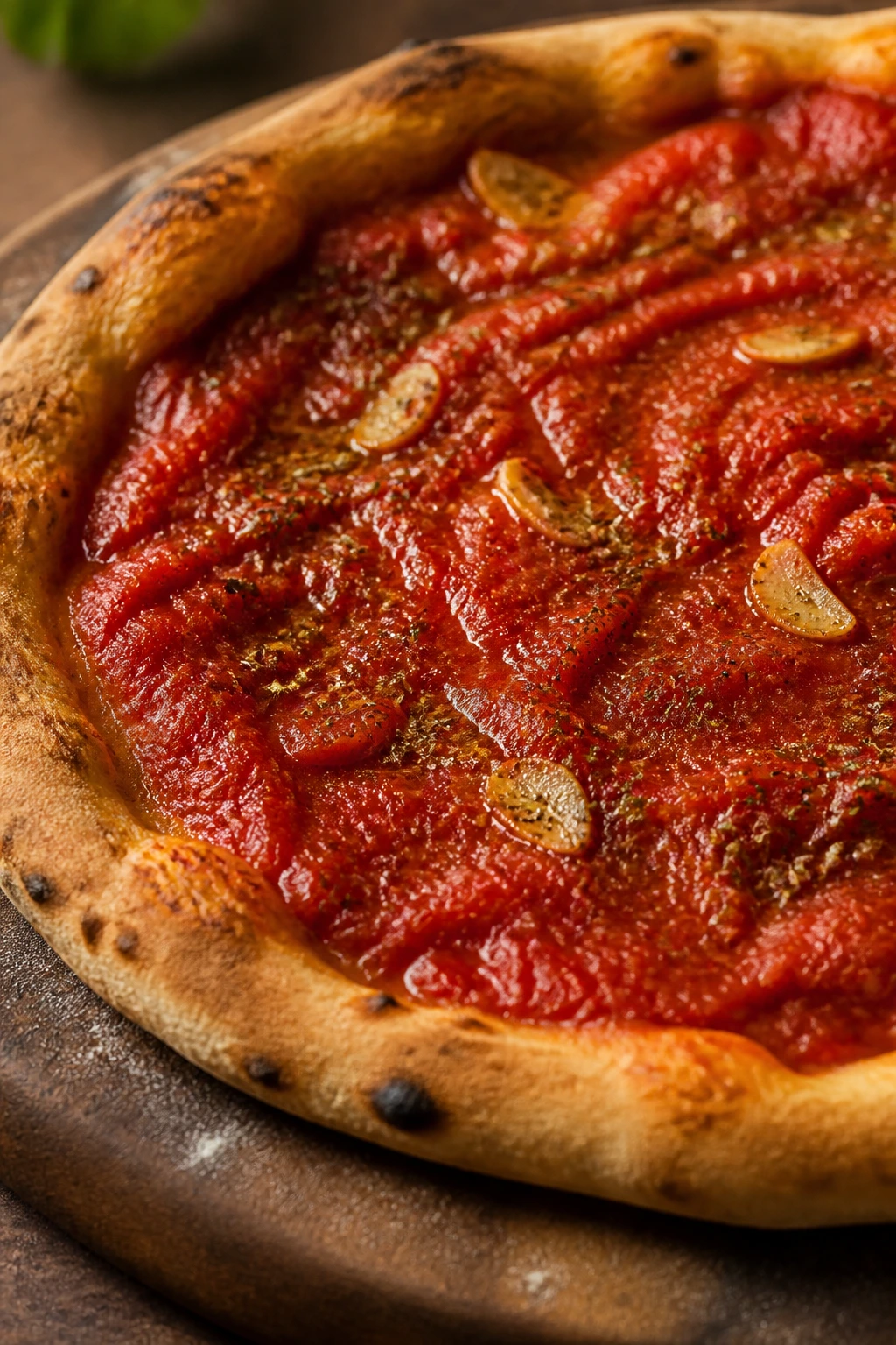 Close-up of marinara pizza with garlic and oregano on a crisp crust