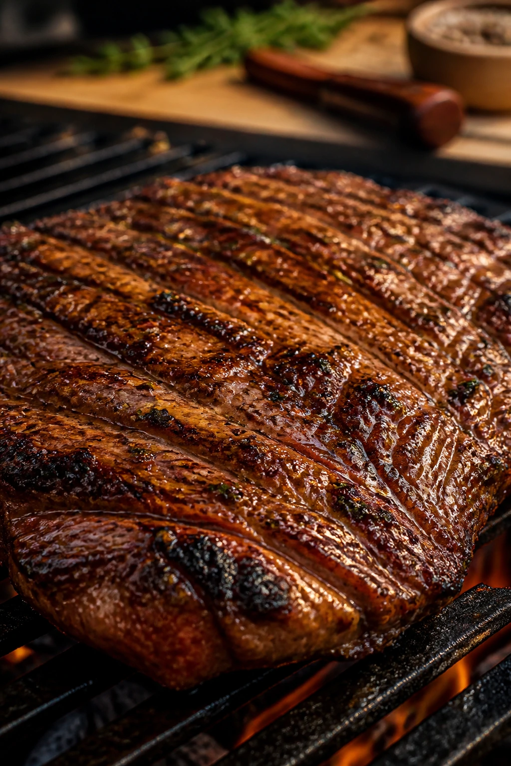 Glossy marinated beef flank steak searing on grill