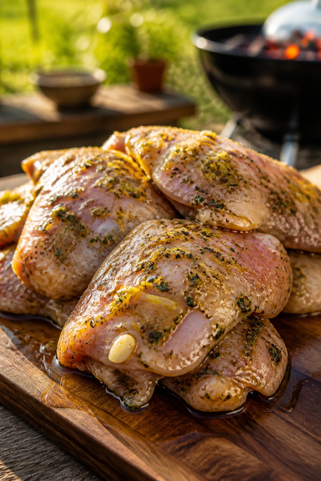 Close-up of marinated chicken thighs with garlic lemon herb coating on a wooden board in a sunny backyard prep area